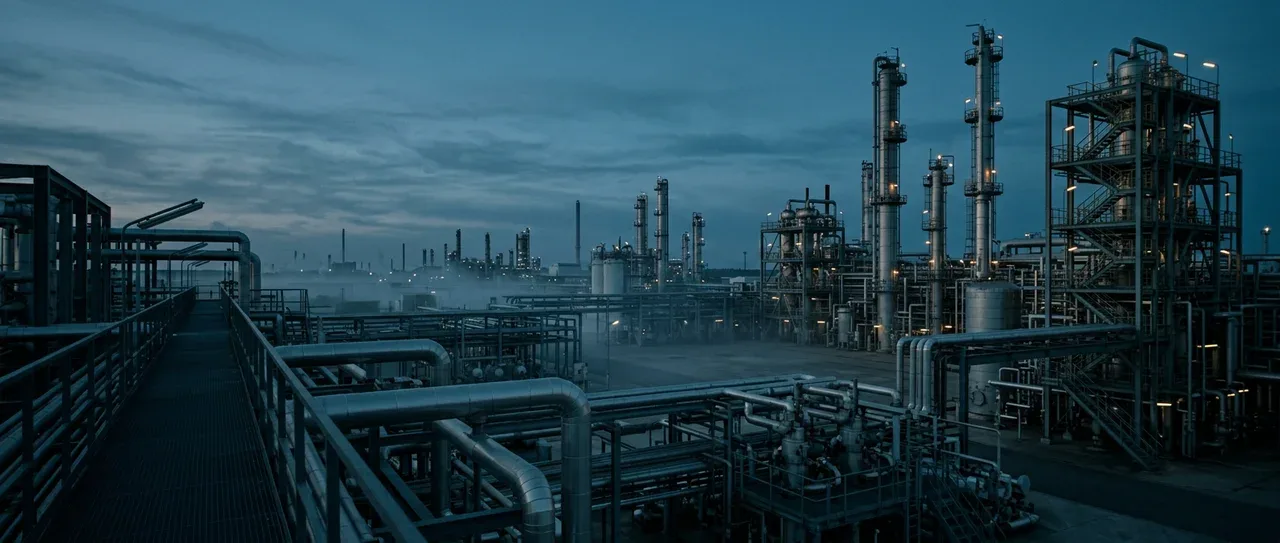 Prozessanlage mit Kolonnen und Rohrleitungstrassen zur blauen Stunde